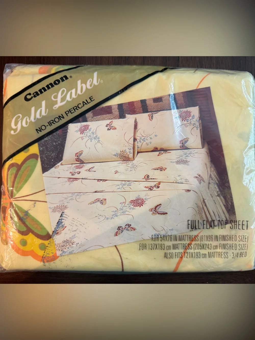 Cannon Gold Label No-Iron Percale Full/Flat Sheet Yellow with Floral Butterfly